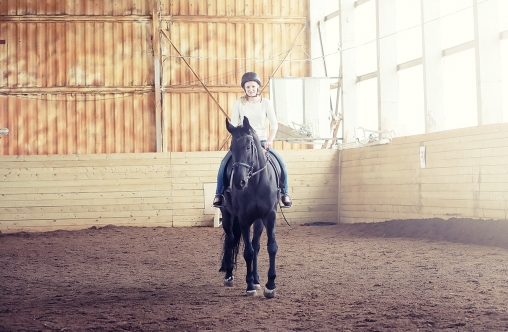 Young people on a horse training in a wooden arena